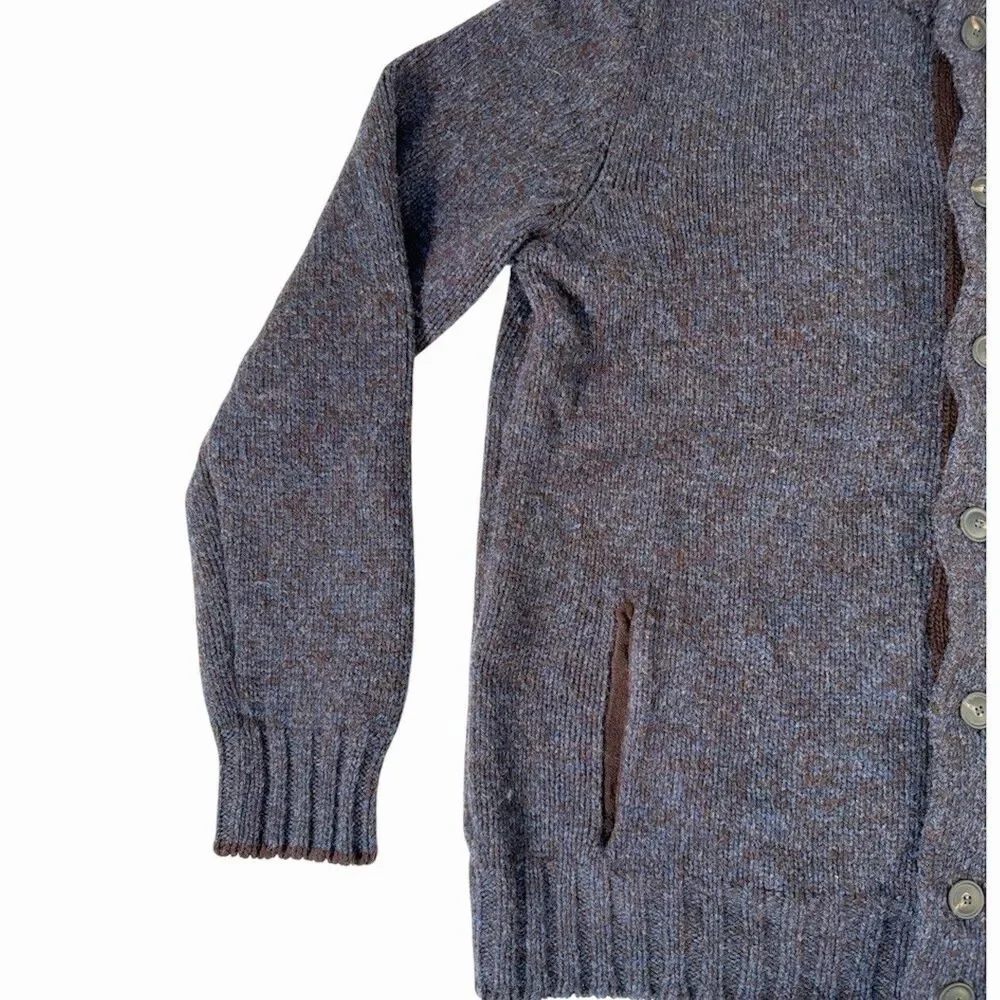 Gran Sasso Mens 54/L Virgin Wool Full Button Front Sweater Navy Burgundy Italy